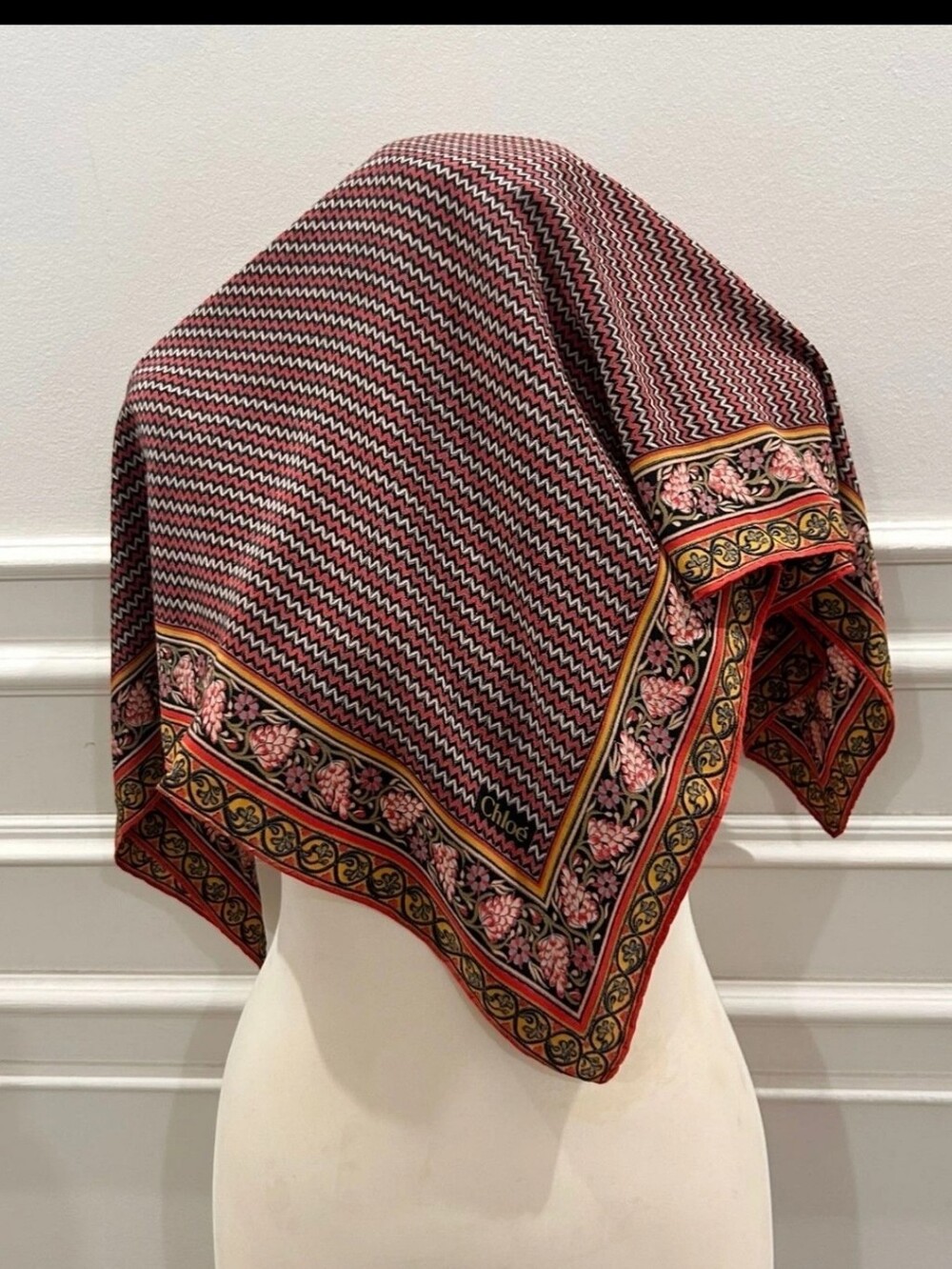 Vtg CHLOE Silk Scarf Square Foulard Red Chevron Floral Cross Stitch Border 31"